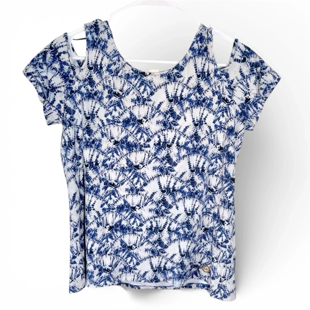 Michael Kors Women’s Cold Shoulder Blouse Top Size Large Cotton Blue & White